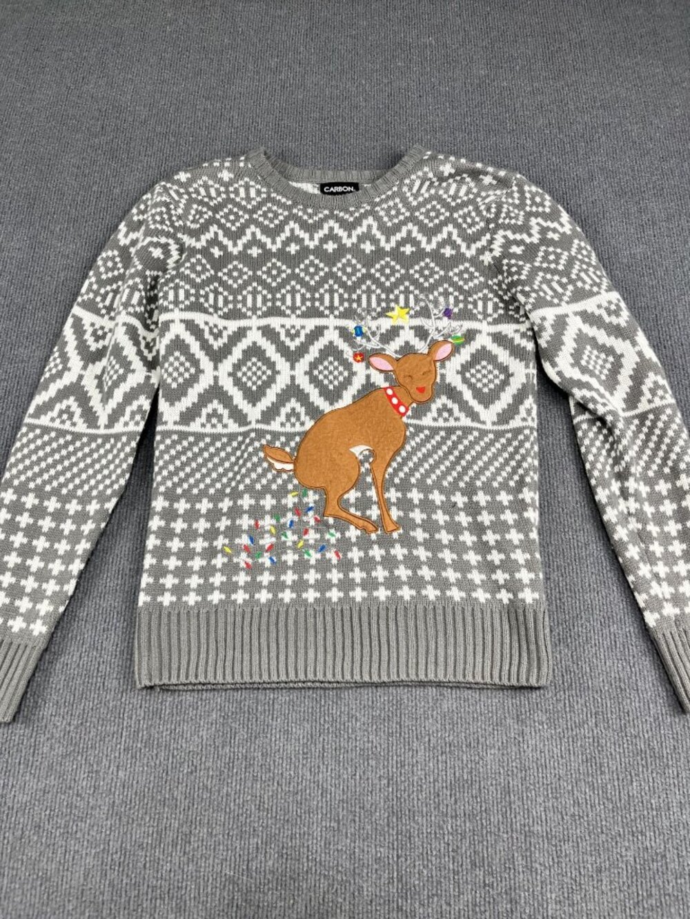 Carbon Mens Gray Reindeer Nordic Pattern Christmas Sweater Size M